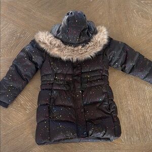 Girls' Black Puffer Coat with Fur Hood